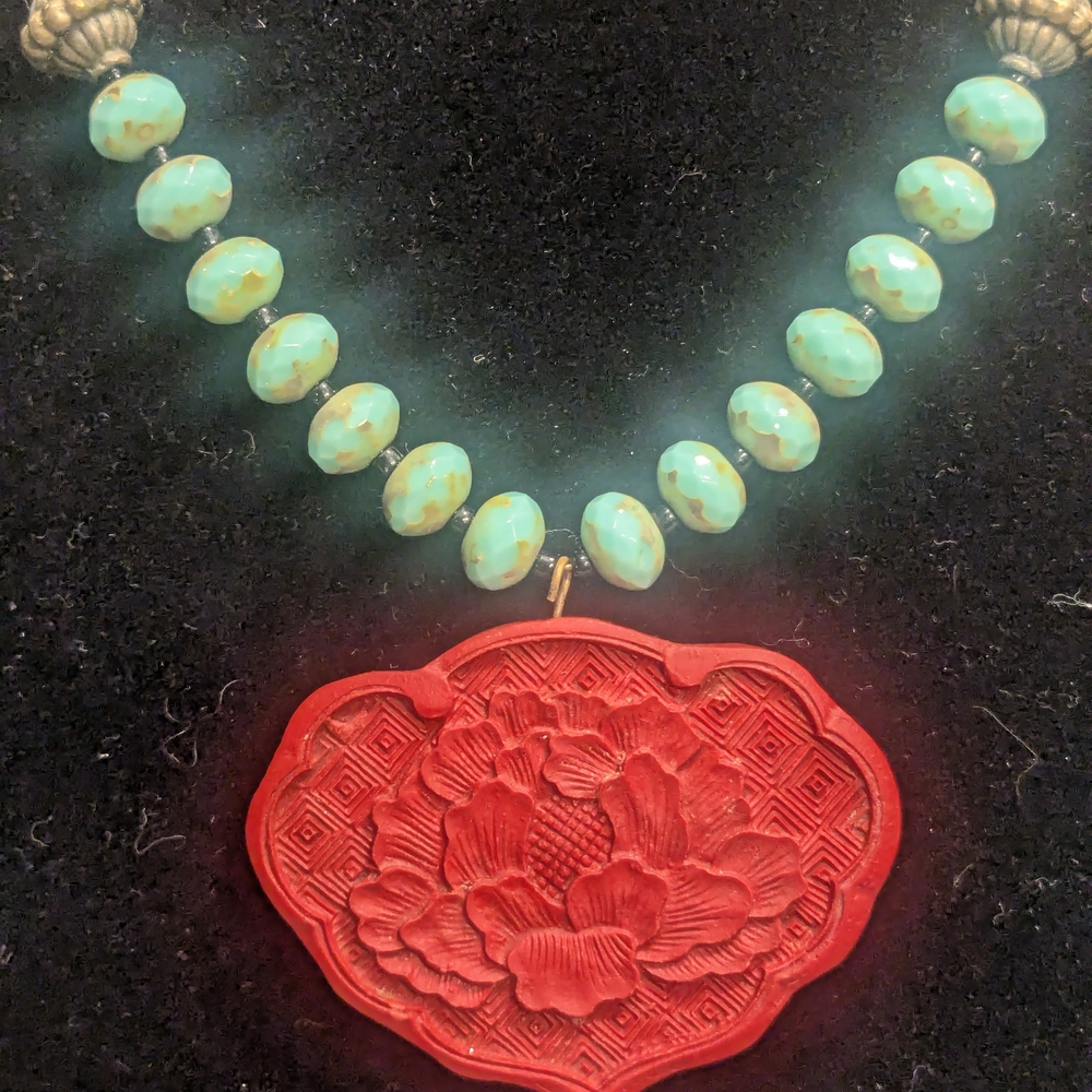 Chico's Red Cinnabar and Faceted Turquoise Beaded Necklace - Picture 2 of 9